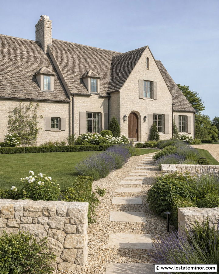 Stone French Country House With Gravel Walkway - 30 Stone House Design With Walkway Ideas