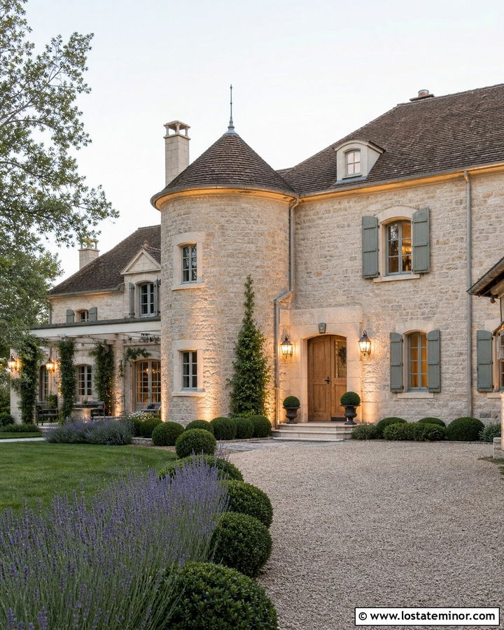 Stone French Country House With Hanging Lanterns - 30 Stone House Design With Lighting Ideas