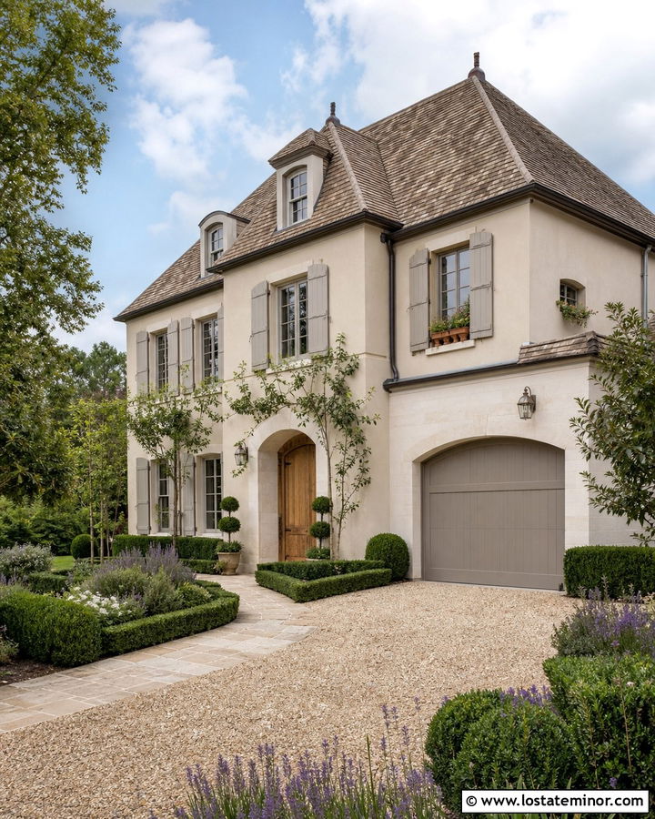 Stone French Country House With Taupe Garage Door - 30 Stone House Design With Garage Door Ideas