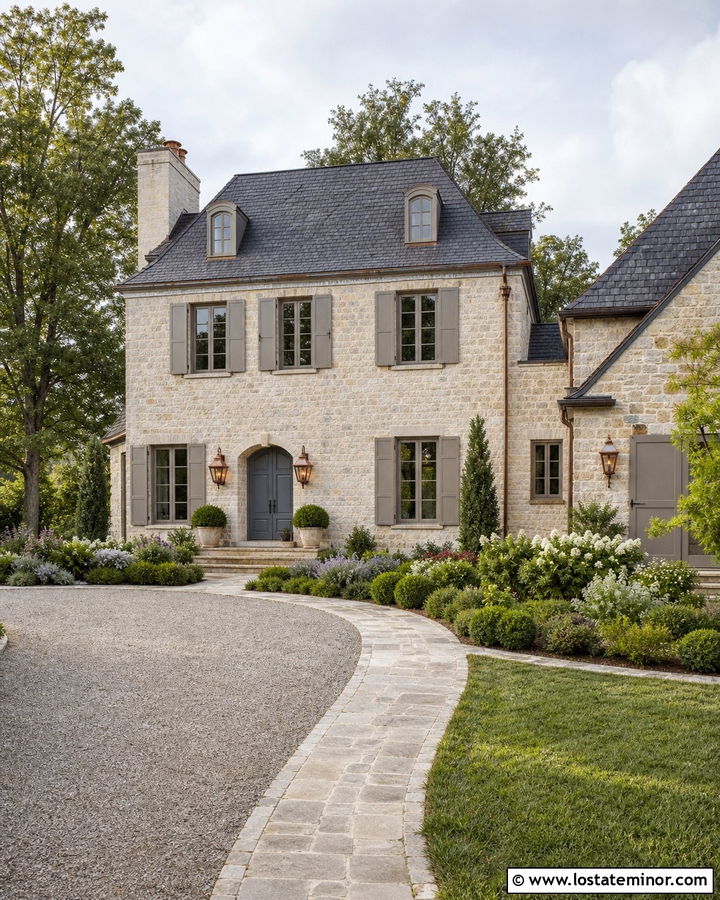 Stone French Country House With Taupe Window Frames - 30 Stone House Design With Window Frames Ideas