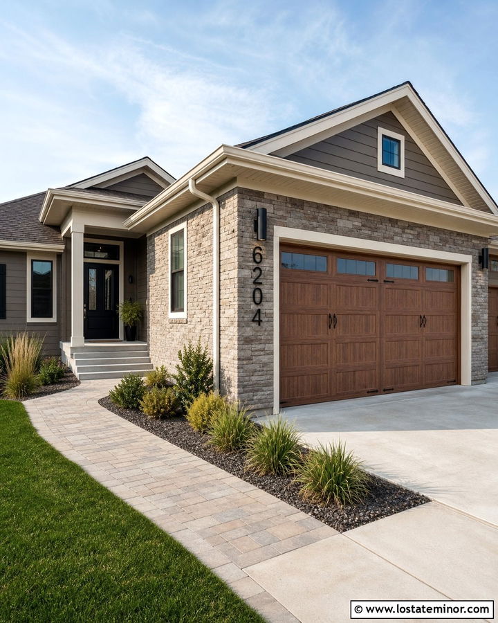 Stone Garage House With Numbers On The Column - 30 Stone House Design With House Numbers Ideas