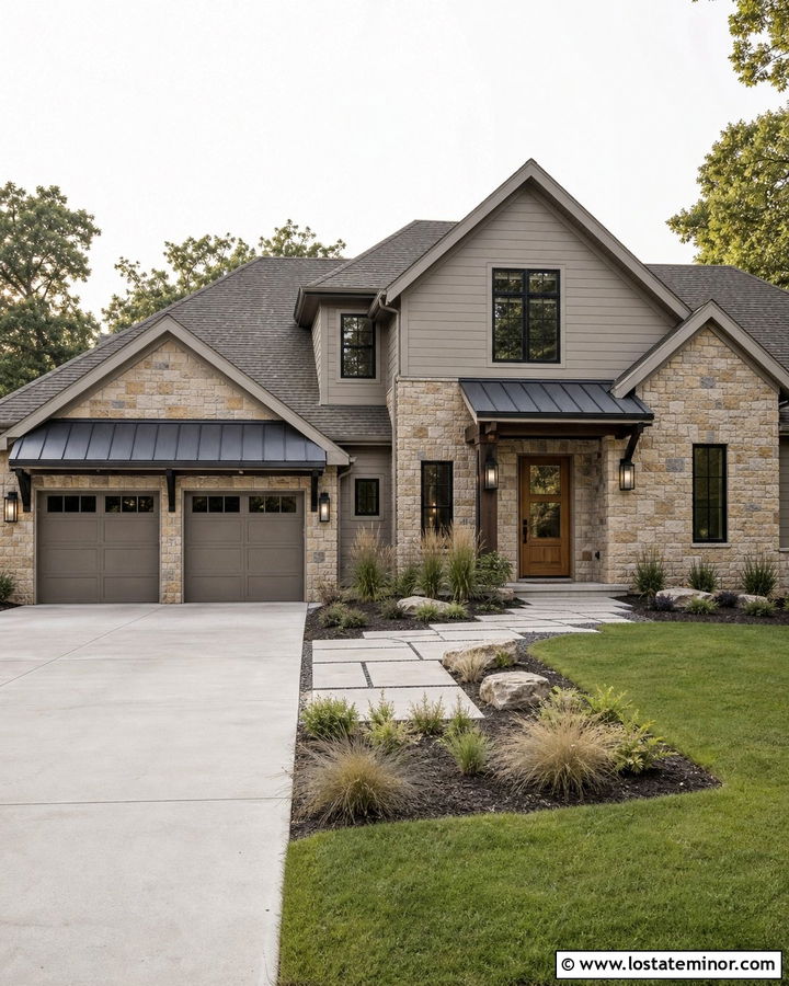 Stone Garage With Matching Metal Awnings - 30 Stone House Design With Awning Ideas