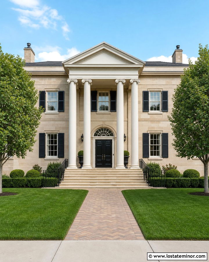 Stone Georgian House With Columned Portico - 30 Stone House Design With Portico Ideas