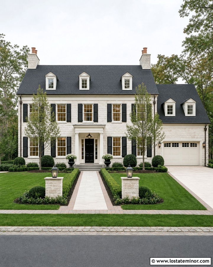 Stone Georgian House With White Garage Door - 30 Stone House Design With Garage Door Ideas