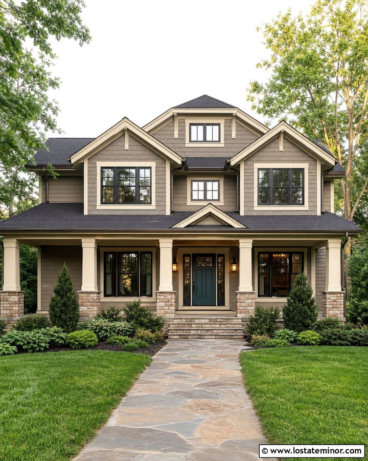Stone Hearth Craftsman With Shaker Porch Columns - 30 Taupe House Design With Porch Columns Ideas