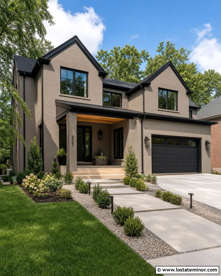 Stone Hearth Greige House With Black Trim - 30 Greige House Design With Trim Ideas
