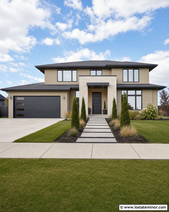Stone Hearth House With Charcoal Garage Door - 30 Beige House Design With Garage Door Ideas