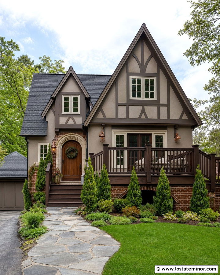 Stone Hearth Tudor House With Mahogany Deck - 30 Beige House Design With Deck Ideas