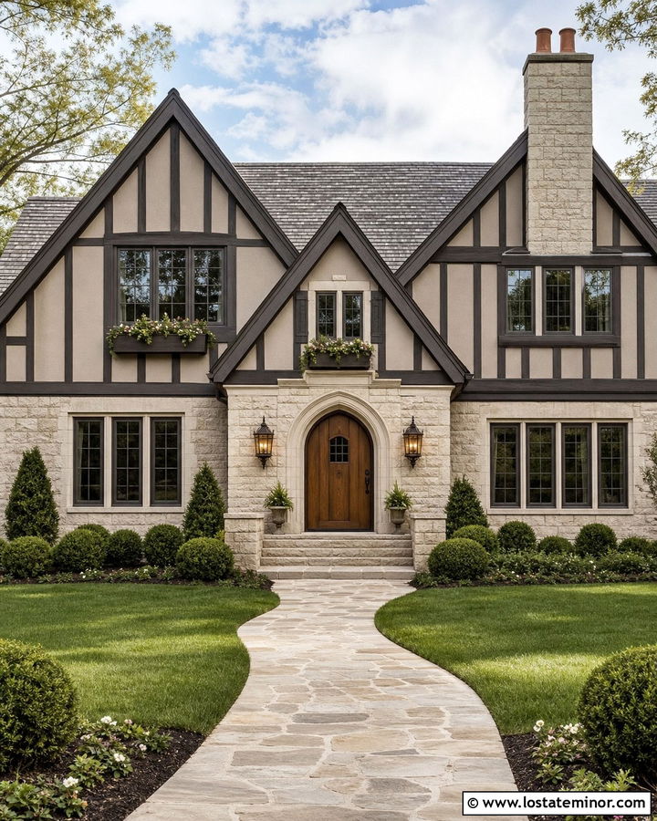 Stone Hearth Tudor With Cream Limestone - 30 Beige House Design With Stone Accents Ideas