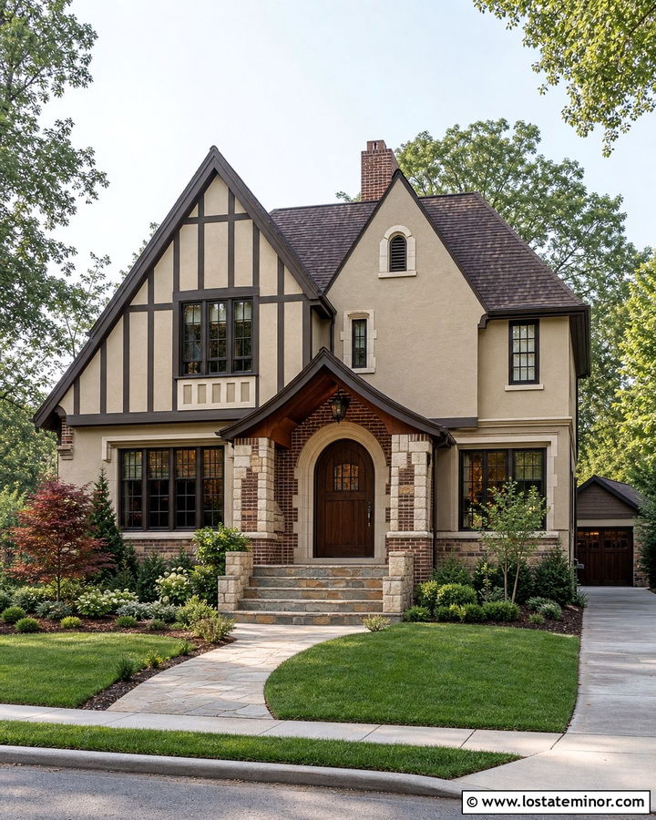 Stone House Beige Exterior With Mahogany Ceiling - 30 Beige House Design With Porch Ceiling Ideas