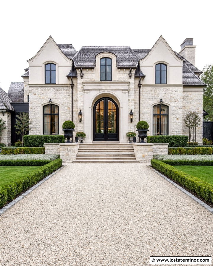 Stone House With Arched Black Double Doors - 30 Stone House Design With Entry Door Ideas