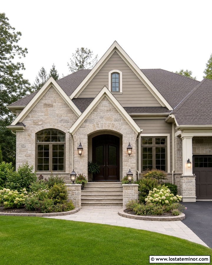 Stone House With Arched Entry Gable - 30 Stone House Design With Gables Ideas