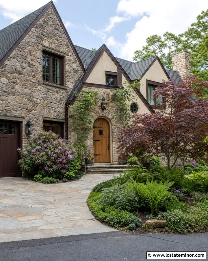 Stone House With Arched Wood Entry Door - 30 Stone House Design With Entry Door Ideas