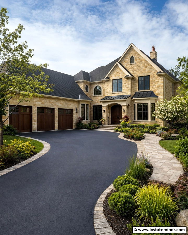 Stone House With Asphalt Driveway - 30 Stone House Design With Driveway Ideas