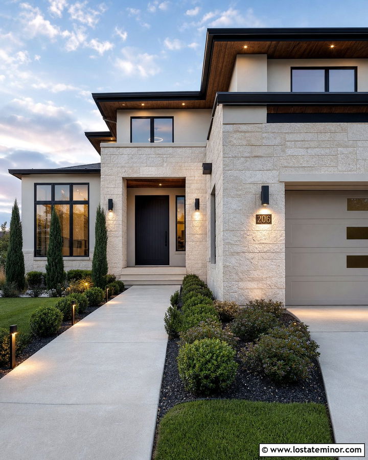 Stone House With Backlit Address Sign - 30 Stone House Design With Light Fixtures Ideas