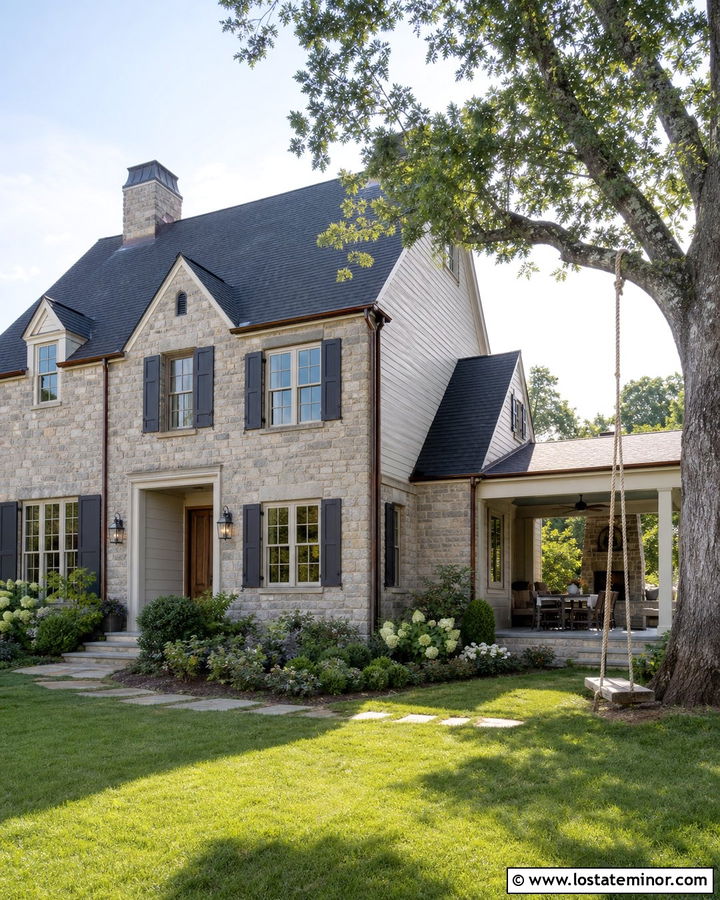 Stone House With Backyard Tree Swing - 30 Stone House Design With Swing Ideas
