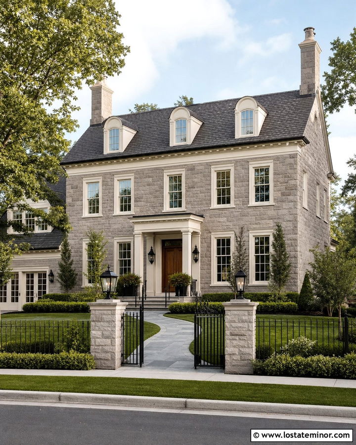 Stone House With Black Iron Fence - 30 Stone House Design With Fence Ideas