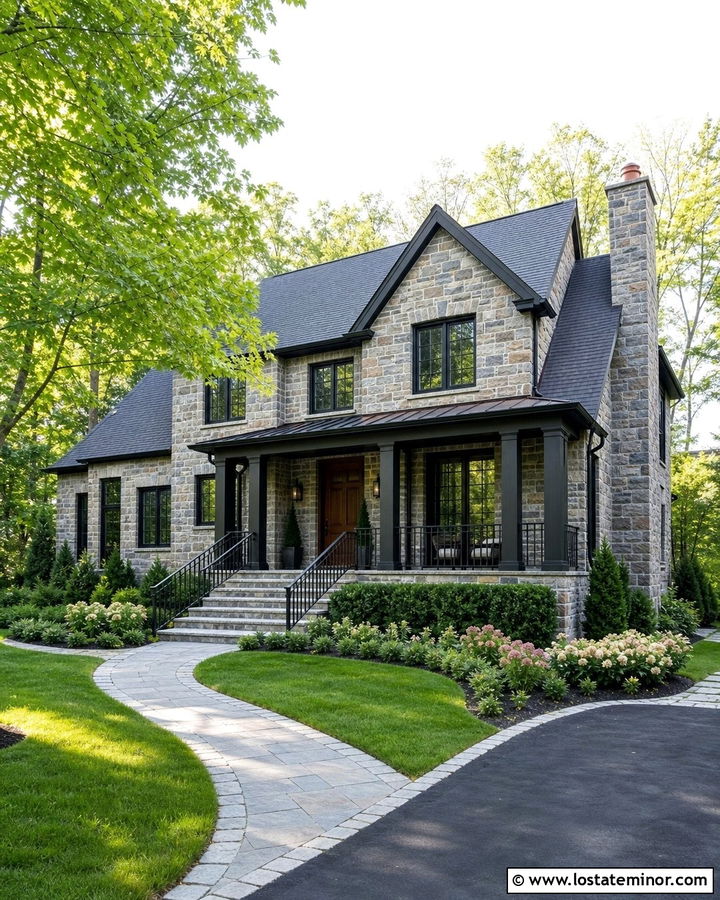 Stone House With Black Iron Railings - 30 Stone House Design With Railings Ideas