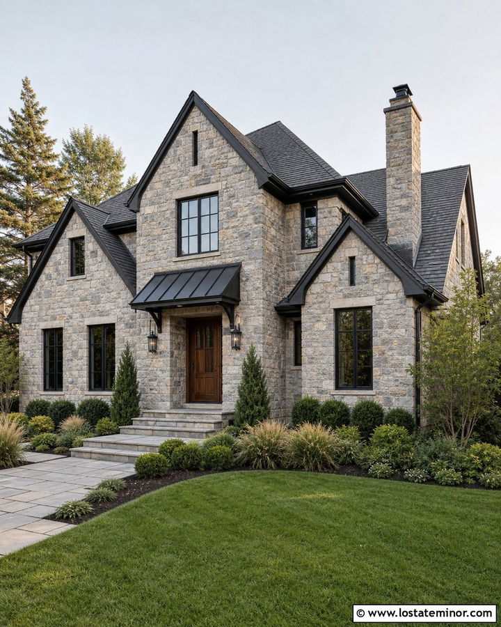 Stone House With Black Metal Door Awning - 30 Stone House Design With Awning Ideas
