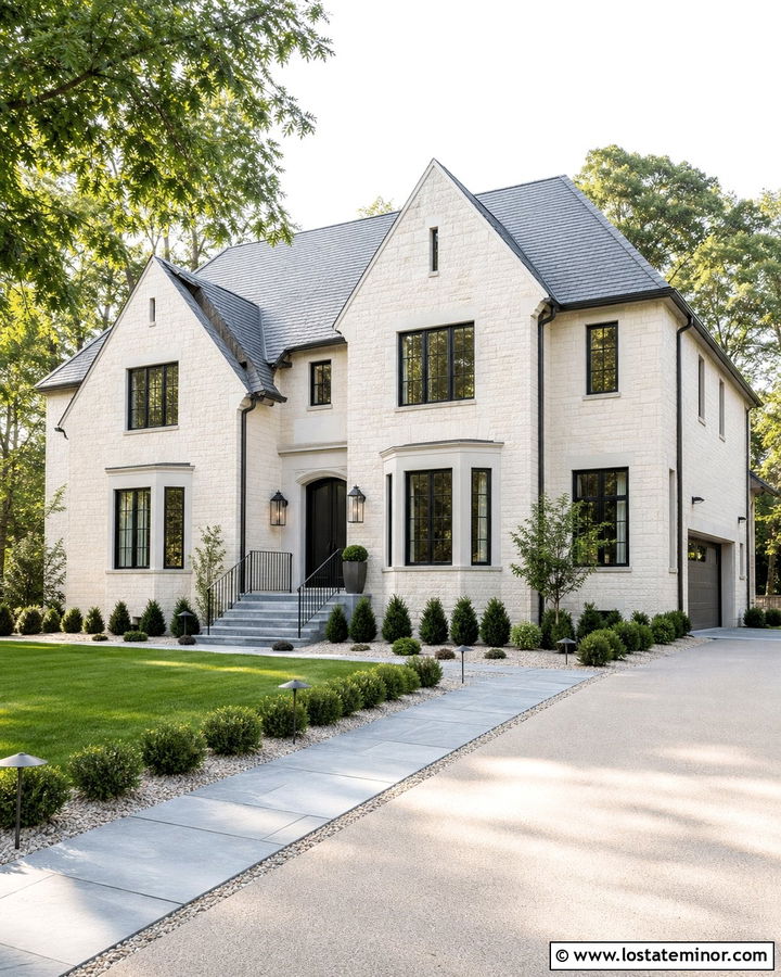 Stone House With Black Metal Rail Steps - 30 Stone House Design With Steps Ideas
