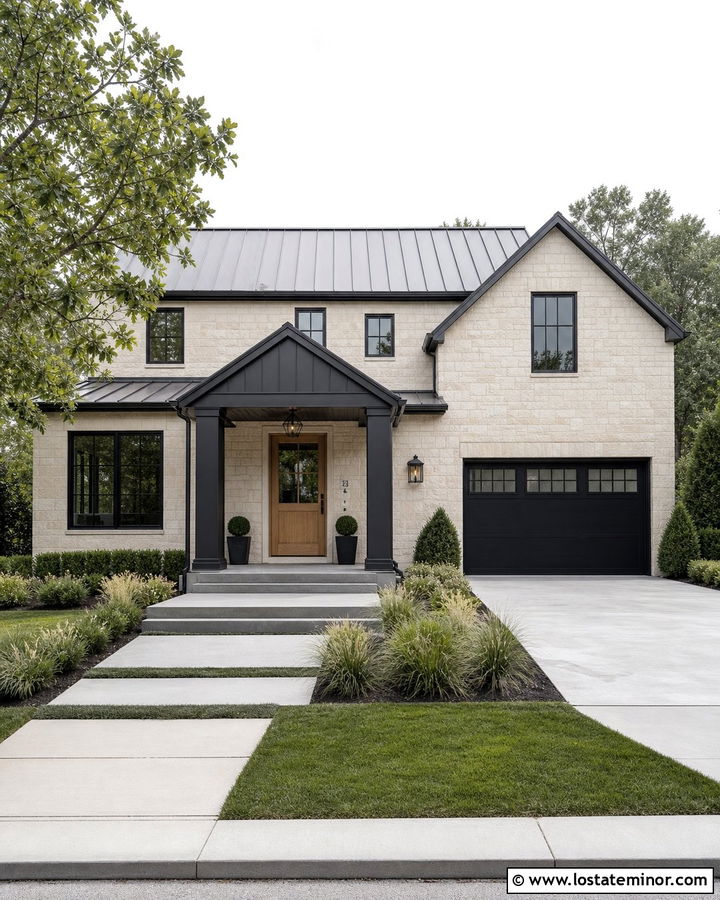 Stone House With Black Portico - 30 Stone House Design With Portico Ideas