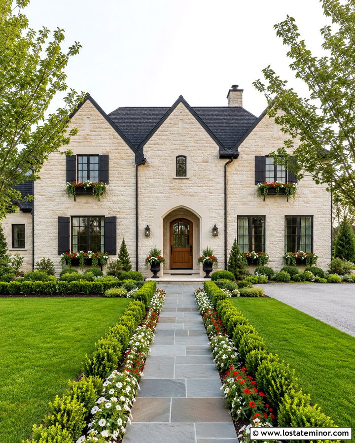 Stone House With Black Shutters And Window Boxes - 30 Stone House Design With Window Boxes Ideas