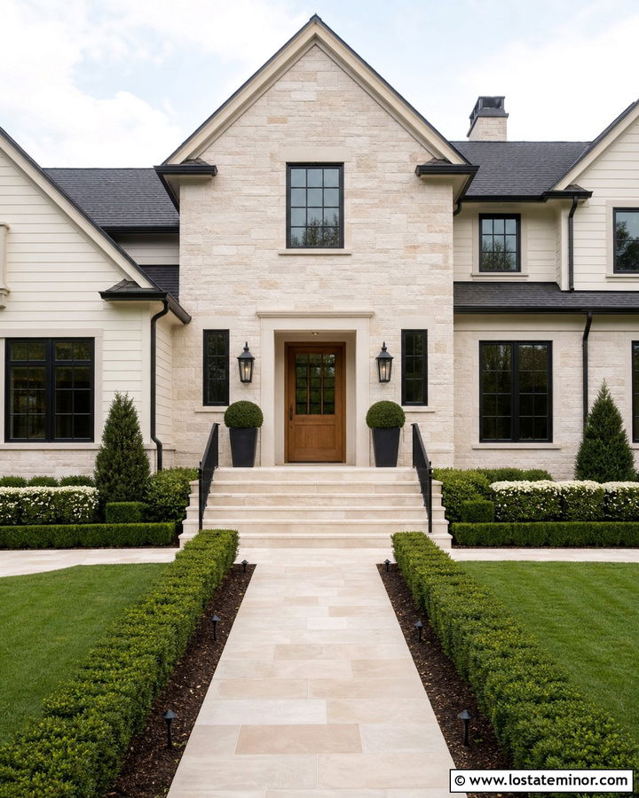 Stone House With Black Stair Railings - 30 Stone House Design With Railings Ideas