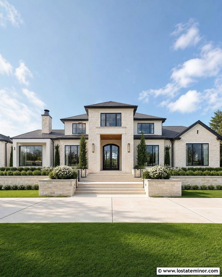 Stone House With Black Steel Double Doors - 30 Stone House Design With Entry Door Ideas