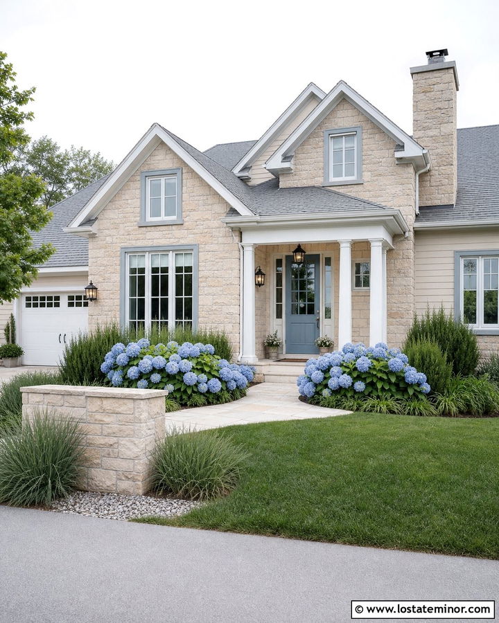 Stone House With Blue Gray Entry Door - 30 Stone House Design With Entry Door Ideas