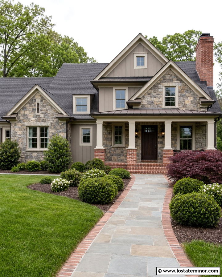 Stone House With Brick And Porch Columns - 30 Stone House Design With Porch Columns Ideas