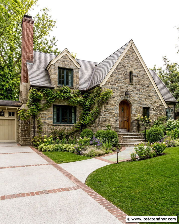 Stone House With Brick Border Driveway - 30 Stone House Design With Driveway Ideas