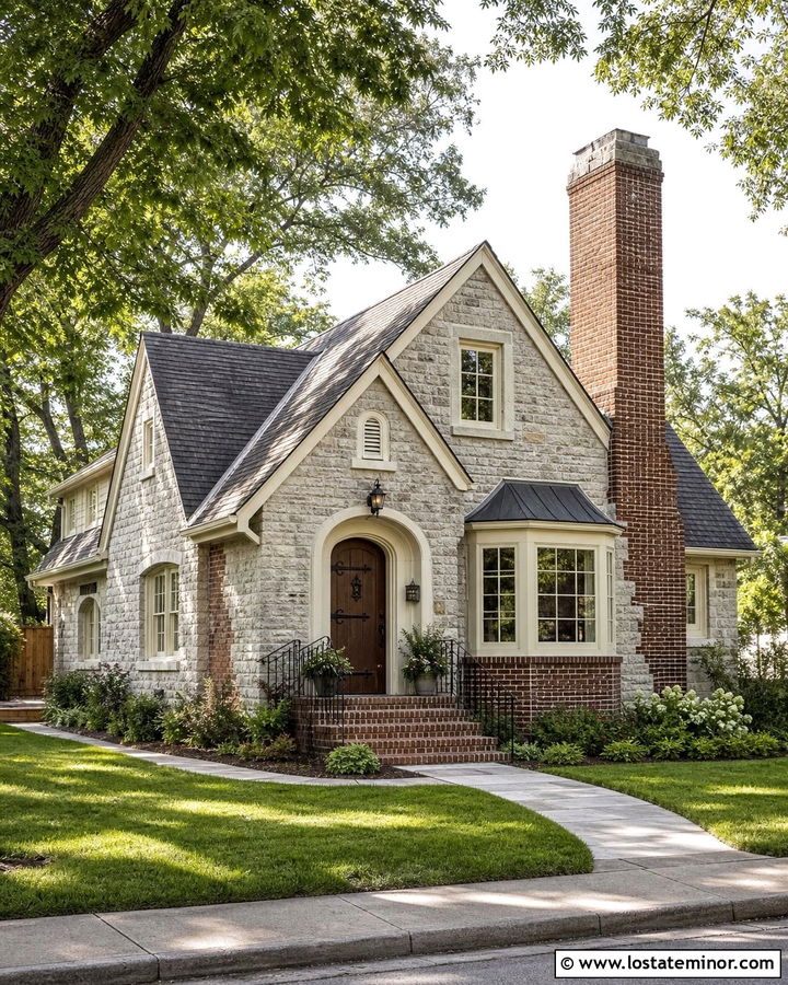 Stone House With Brick Chimney Accents - 30 Stone House Design With Brick Accents Ideas