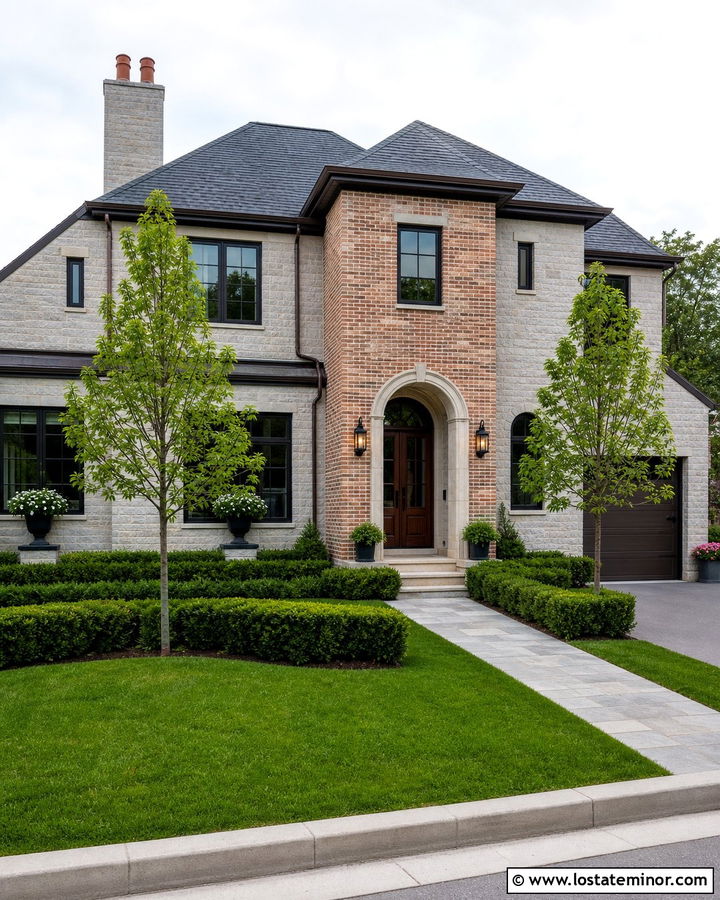 Stone House With Brick Entry Tower - 30 Stone House Design With Brick Accents Ideas