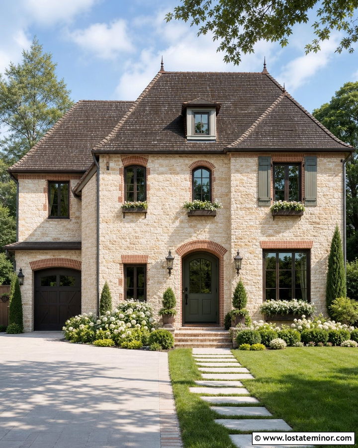 Stone House With Brick Window Surrounds - 30 Stone House Design With Brick Accents Ideas
