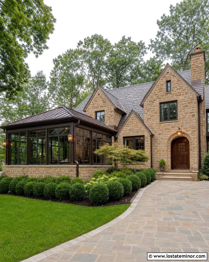 Stone House With Bronze Frame Sunroom - 30 Stone House Design With Sunroom Ideas