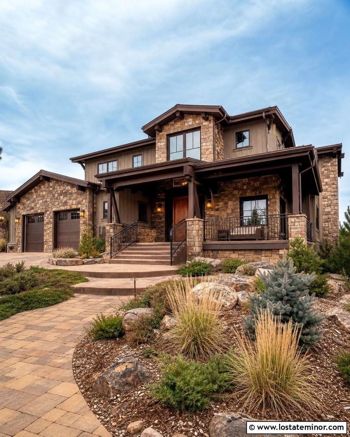Stone House With Brown Metal Railings - 30 Stone House Design With Railings Ideas