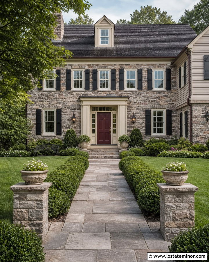 Stone House With Burgundy Entry Door - 30 Stone House Design With Entry Door Ideas