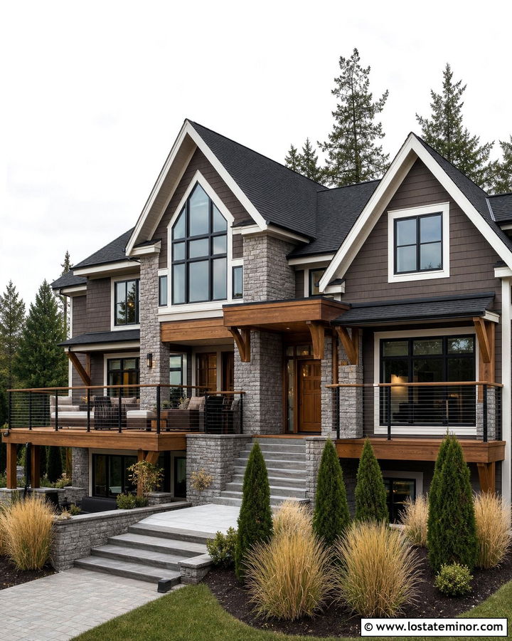 Stone House With Cable Railing Deck - 30 Stone House Design With Deck Ideas