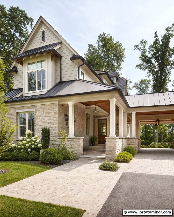 Stone House With Carport And Covered Walkway - 30 Stone House Design With Carport Ideas