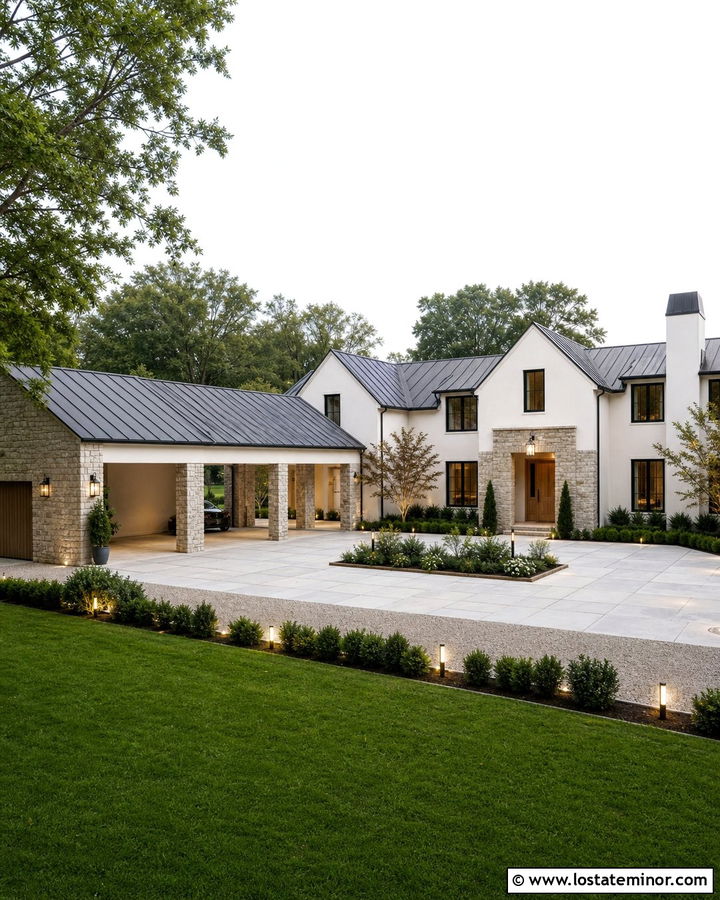 Stone House With Carport Entry Courtyard - 30 Stone House Design With Carport Ideas