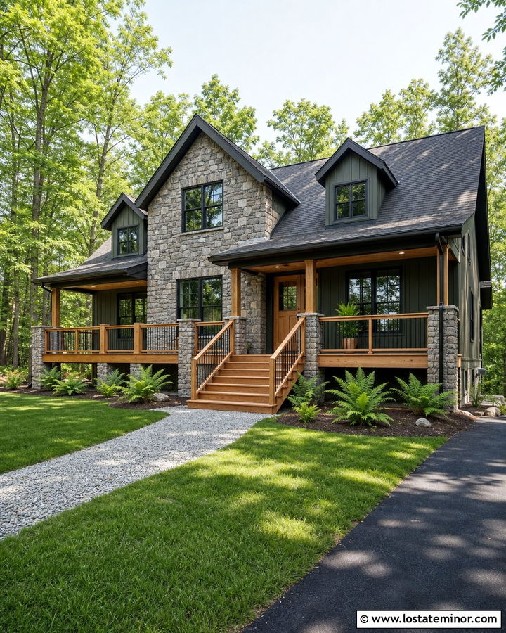 Stone House With Cedar Deck Railings - 30 Stone House Design With Railings Ideas