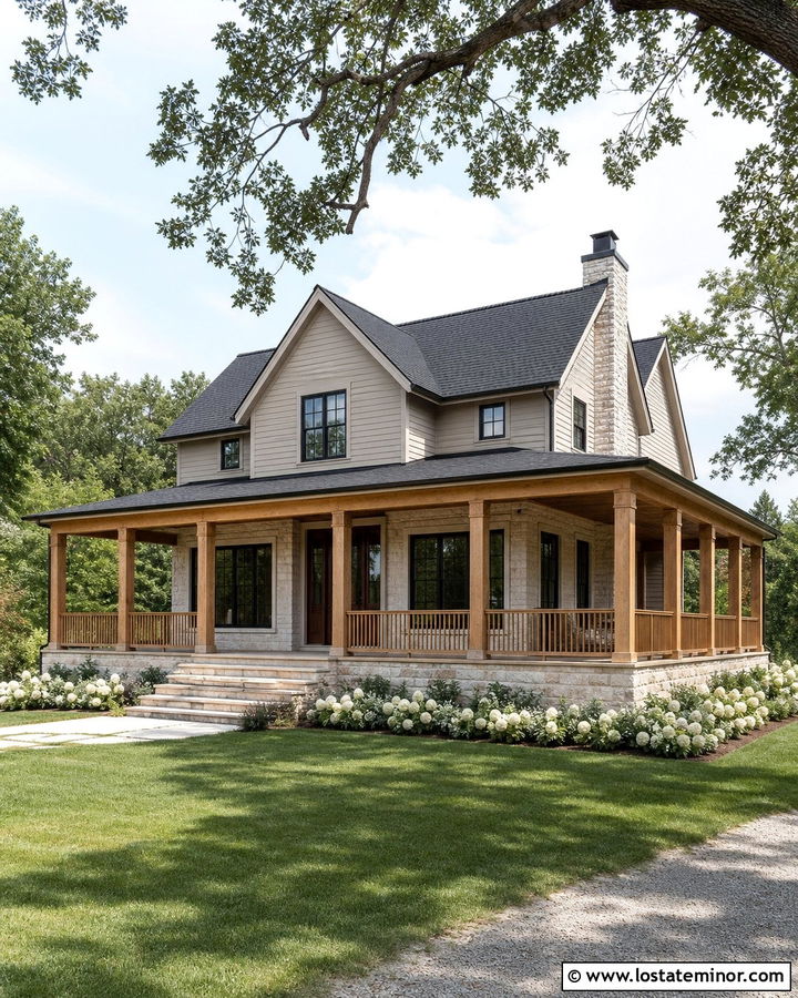Stone House With Cedar Wraparound Porch Columns - 30 Stone House Design With Porch Columns Ideas