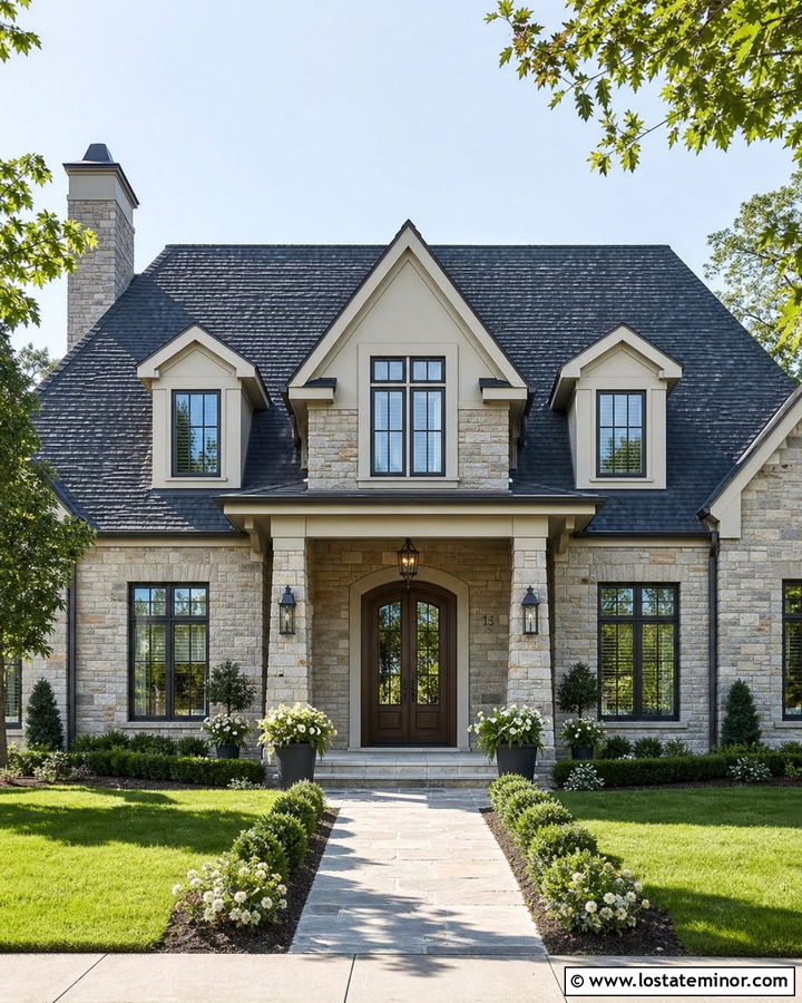 Stone House With Center Entry Dormer - 30 Stone House Design With Dormers Ideas