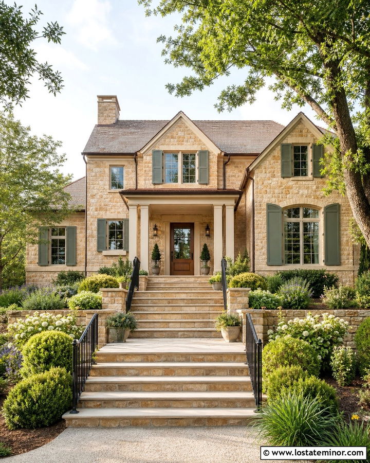 Stone House With Central Garden Steps - 30 Stone House Design With Steps Ideas