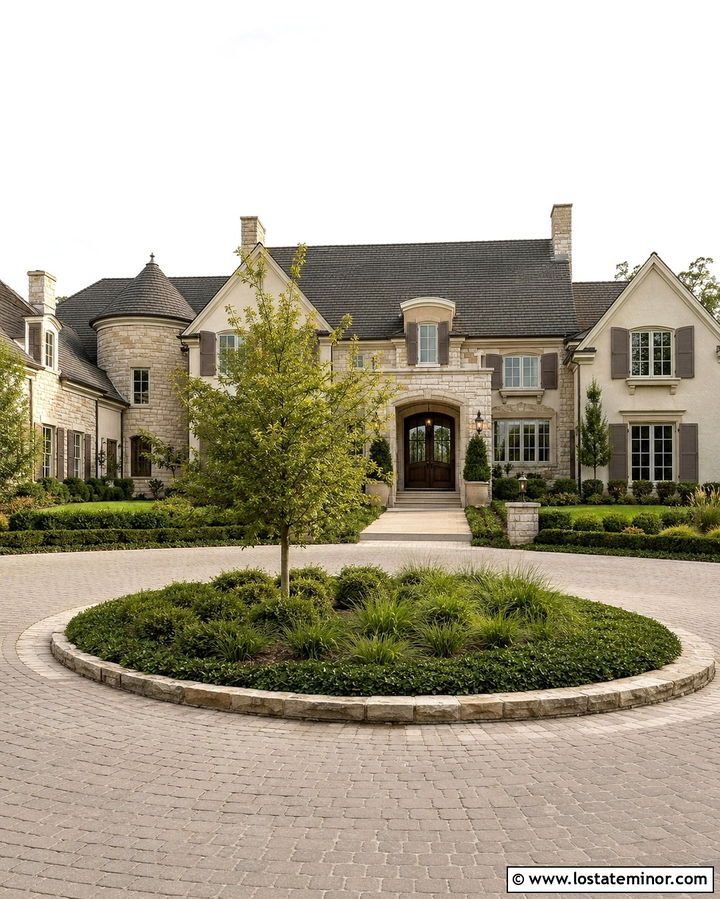 Stone House With Circular Driveway - 30 Stone House Design With Front Yard Ideas