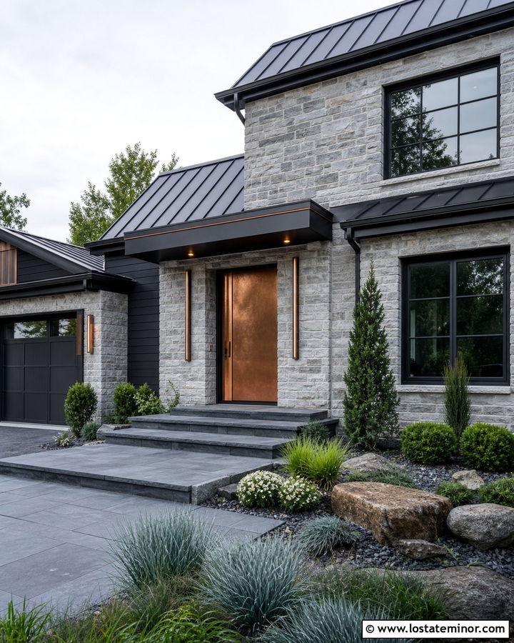 Stone House With Copper Entry Door - 30 Stone House Design With Entry Door Ideas