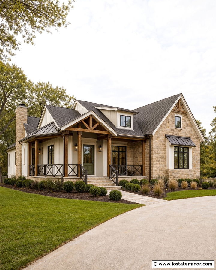 Stone House With Cross Pattern Railings - 30 Stone House Design With Railings Ideas