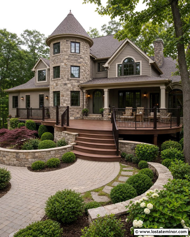 Stone House With Curved Deck - 30 Stone House Design With Deck Ideas