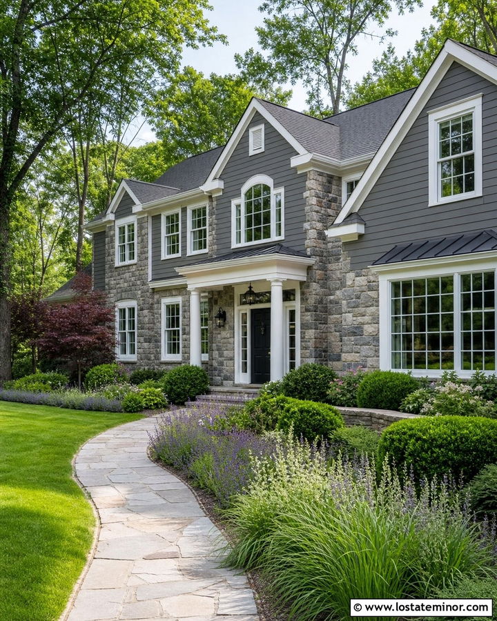 Stone House With Curved Front Walkway - 30 Stone House Design With Landscaping Ideas