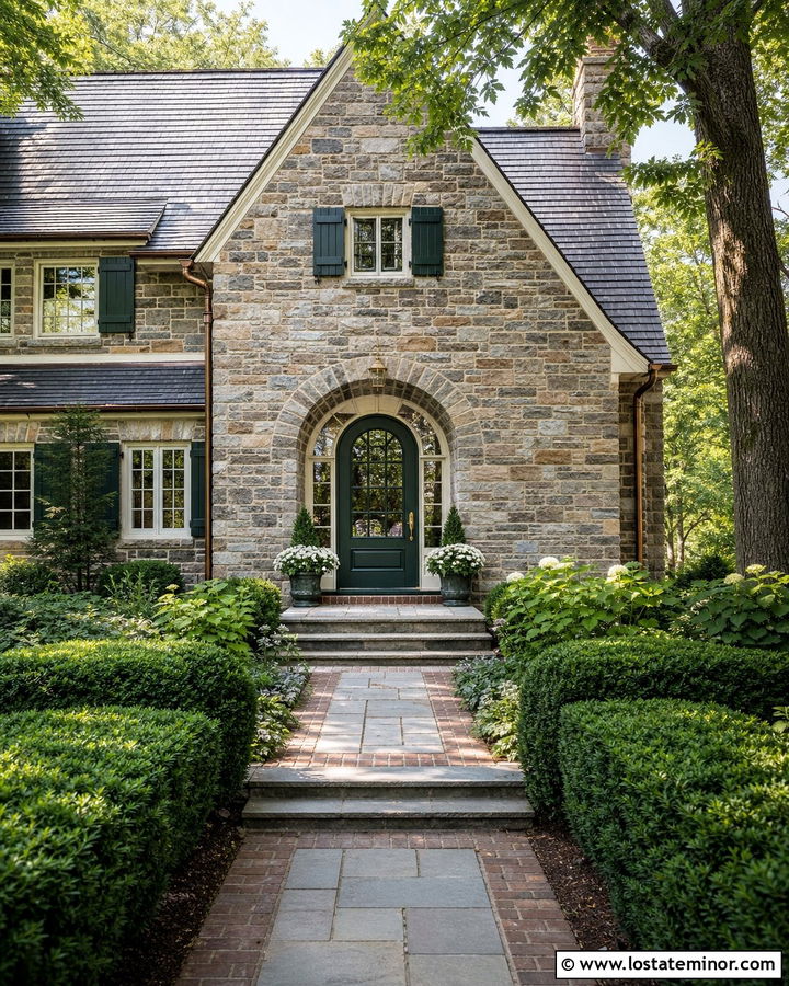 Stone House With Dark Green Entry Door - 30 Stone House Design With Entry Door Ideas